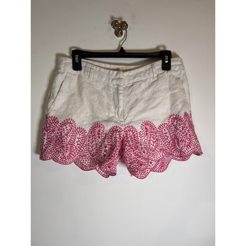 Michael Michael Kors White Linen Pink Paisley Eyelet Scalloped Shorts Size 6